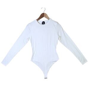 Naked Wardrobe‎ White Long Sleeve Crew Neck Thong Bodysuit - Size L
